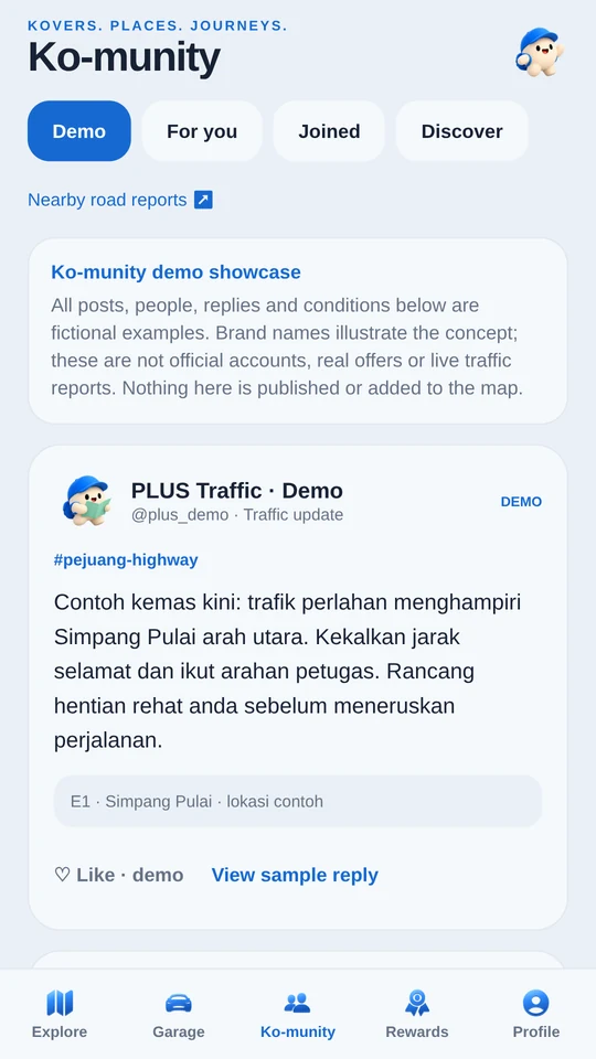 KoMap community preview with example driver posts, visibly labelled as demo content