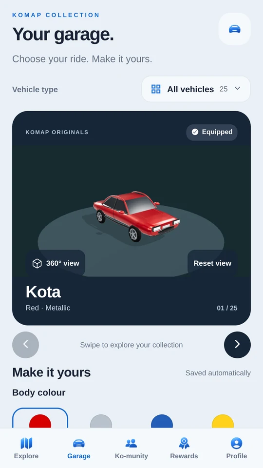 KoMap Garage with a vehicle showroom and vehicle customisation controls
