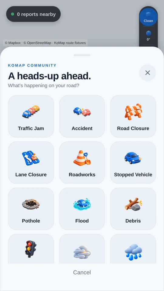 KoMap road report choices including traffic, accidents, roadworks and floods