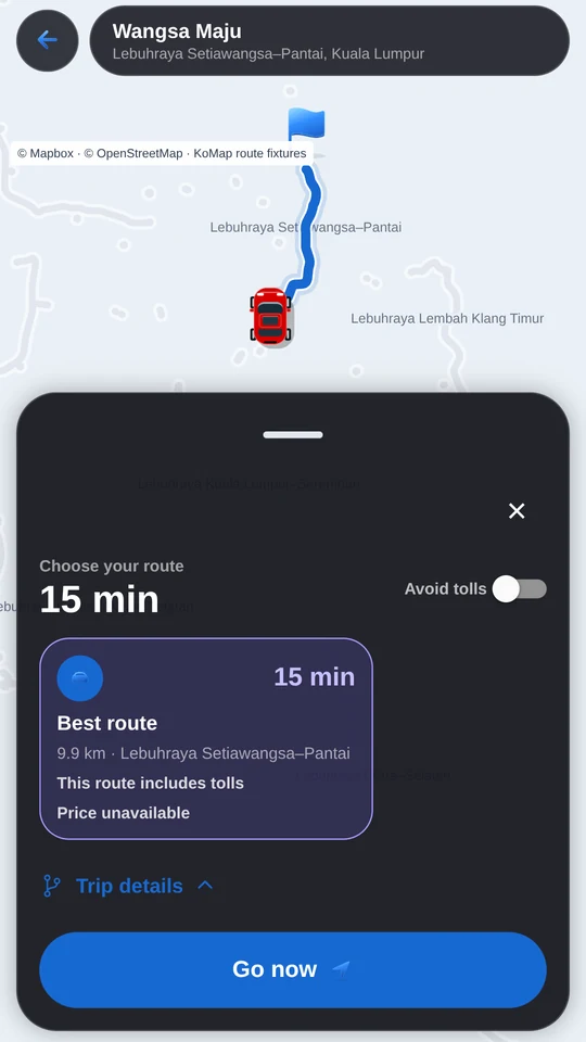 KoMap route preview to Wangsa Maju, with a route line, trip details and a Go now button